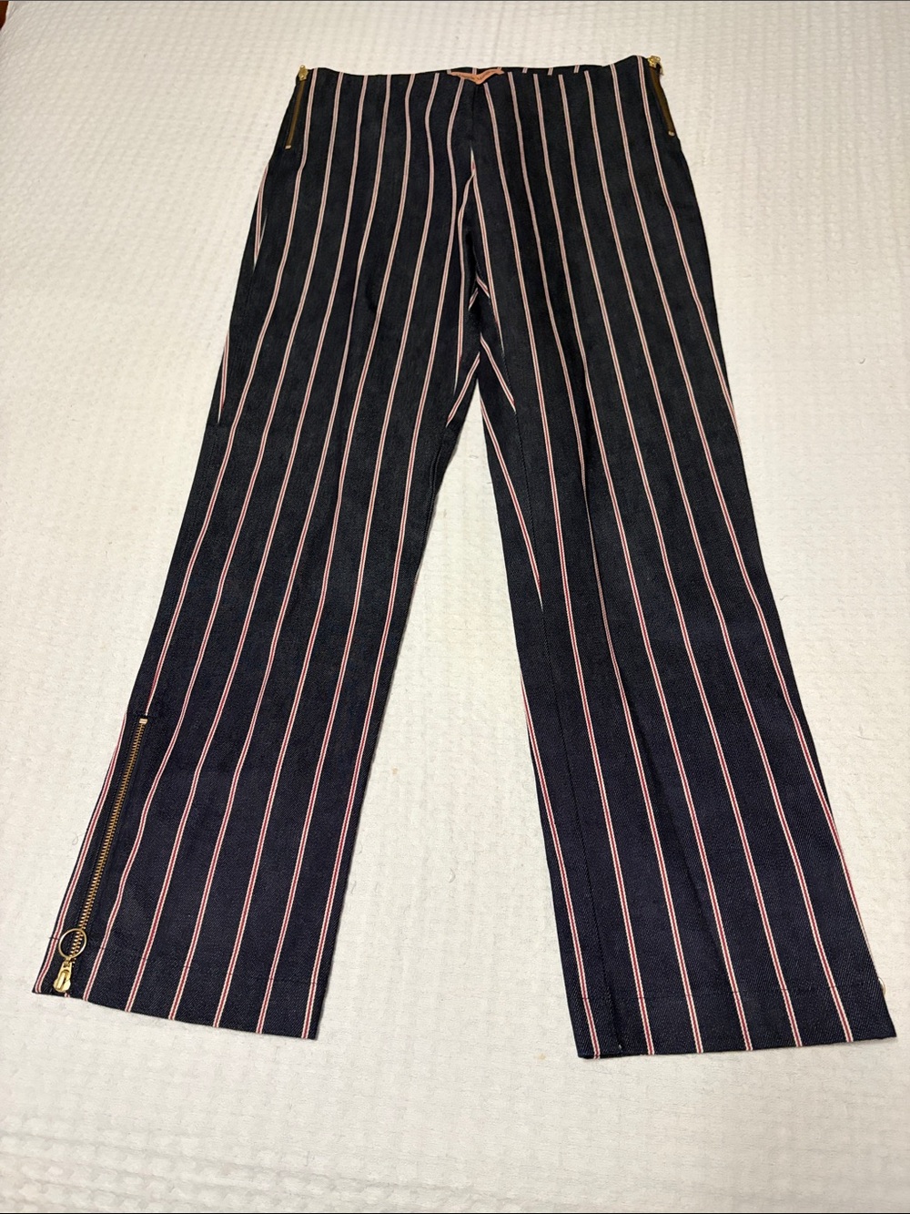 Maggie Marilyn 💯% Cotton Denim Navy Pants with Red, White Stripes Size 8 - Picture 2 of 16